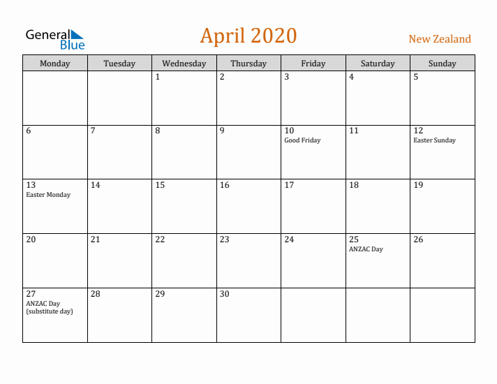 April 2020 Holiday Calendar with Monday Start