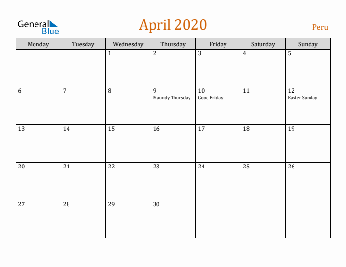 April 2020 Holiday Calendar with Monday Start