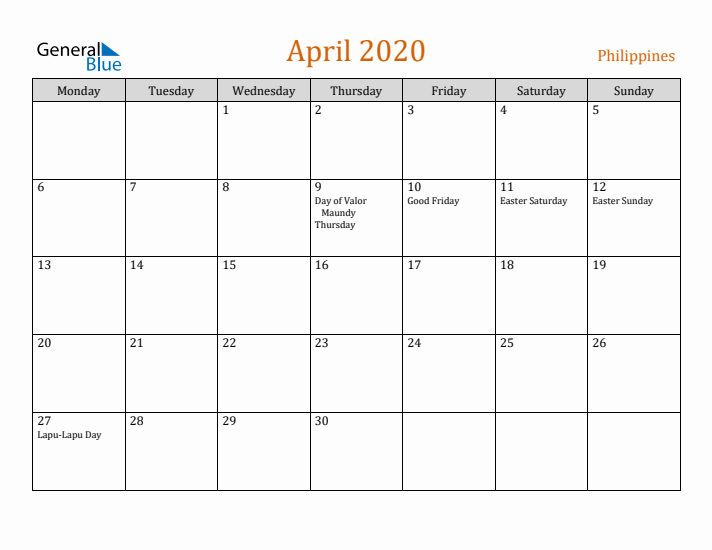 April 2020 Holiday Calendar with Monday Start