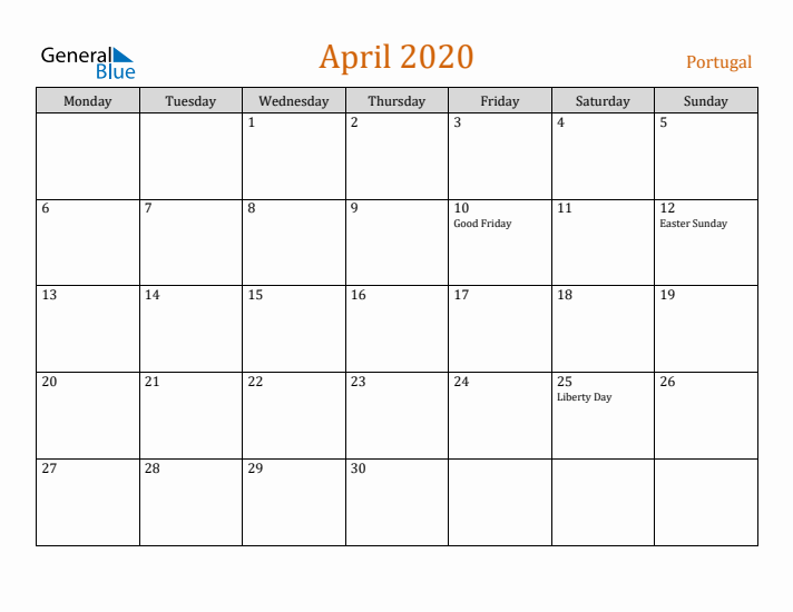 April 2020 Holiday Calendar with Monday Start