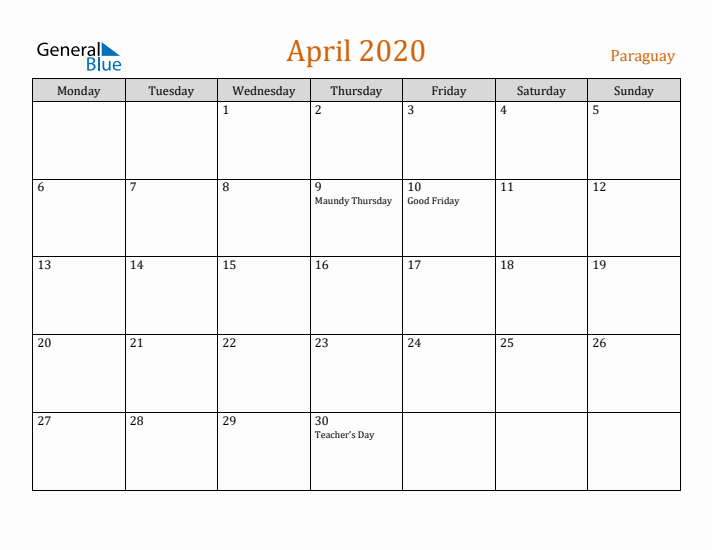 April 2020 Holiday Calendar with Monday Start