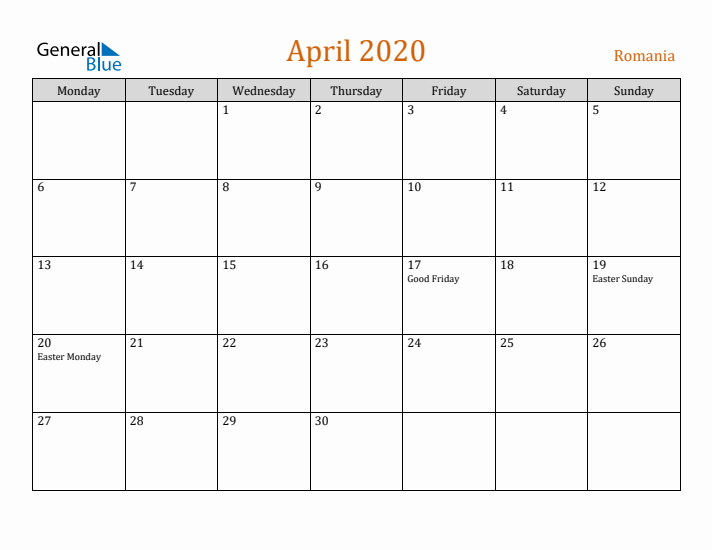 April 2020 Holiday Calendar with Monday Start