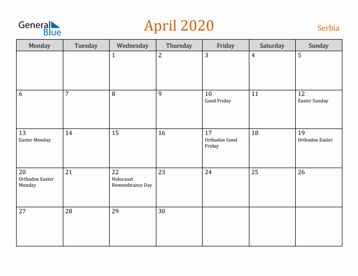 April 2020 Holiday Calendar with Monday Start