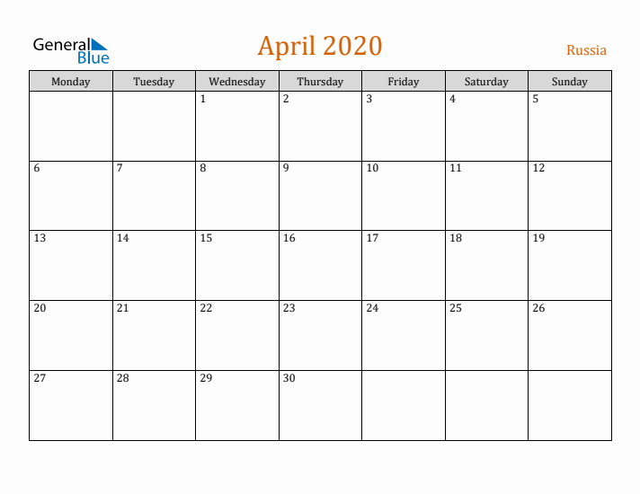 April 2020 Holiday Calendar with Monday Start