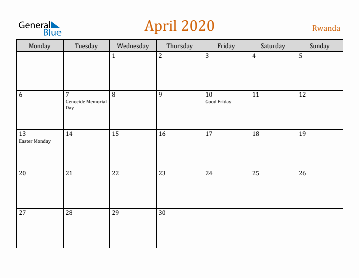 April 2020 Holiday Calendar with Monday Start