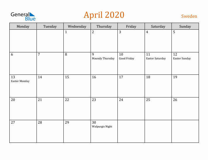 April 2020 Holiday Calendar with Monday Start