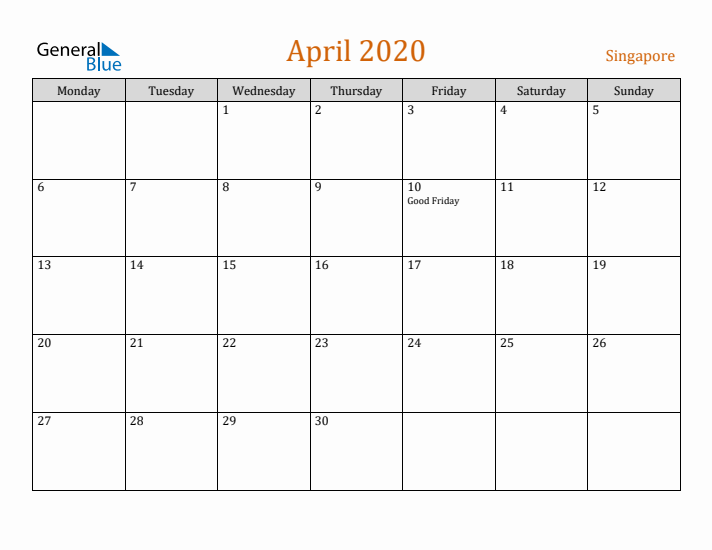 April 2020 Holiday Calendar with Monday Start