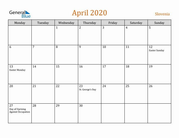 April 2020 Holiday Calendar with Monday Start