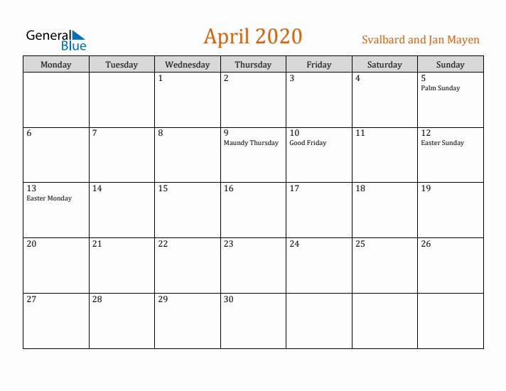 April 2020 Holiday Calendar with Monday Start