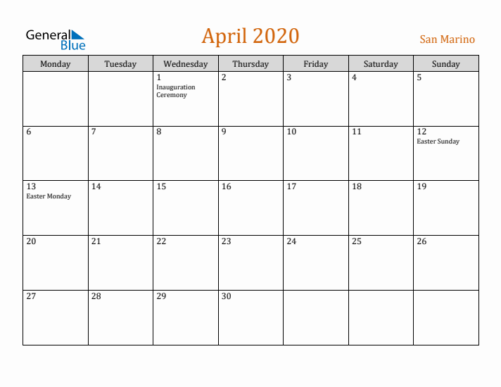 April 2020 Holiday Calendar with Monday Start