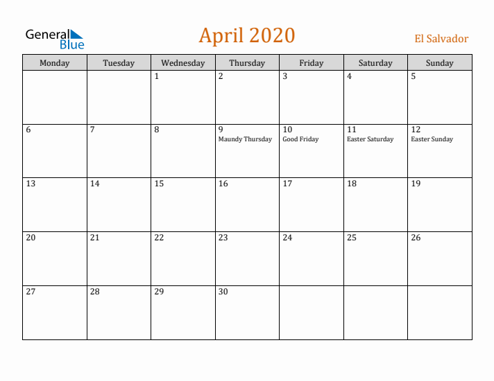 April 2020 Holiday Calendar with Monday Start