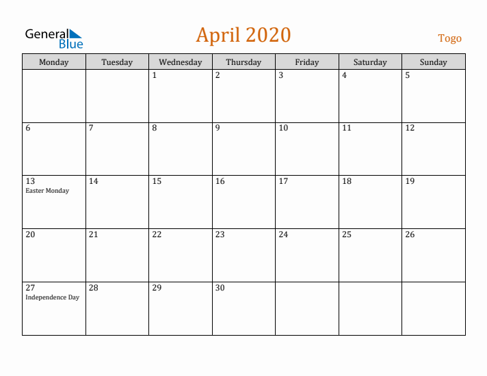 April 2020 Holiday Calendar with Monday Start