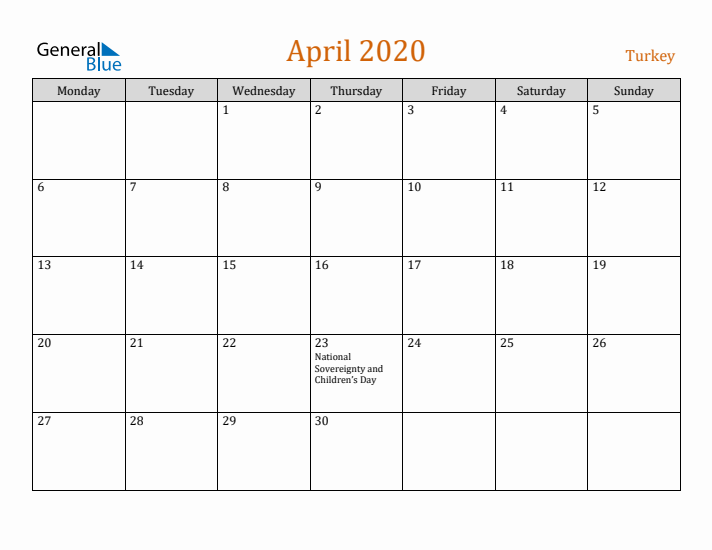 April 2020 Holiday Calendar with Monday Start