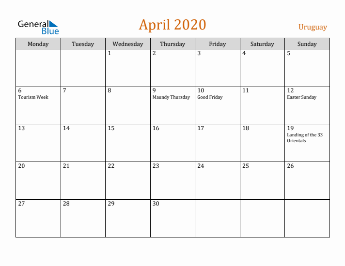 April 2020 Holiday Calendar with Monday Start