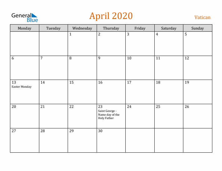 April 2020 Holiday Calendar with Monday Start