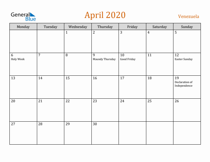 April 2020 Holiday Calendar with Monday Start