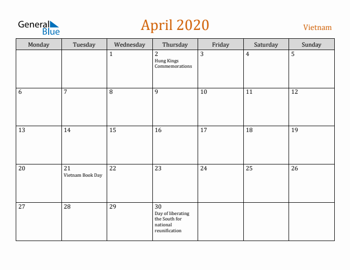 April 2020 Holiday Calendar with Monday Start