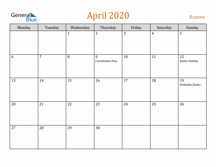 April 2020 Holiday Calendar with Monday Start