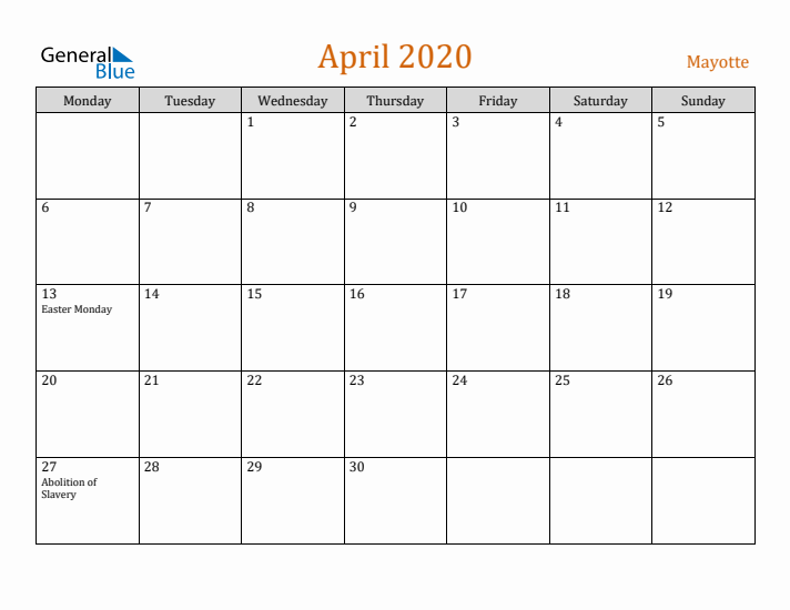 April 2020 Holiday Calendar with Monday Start