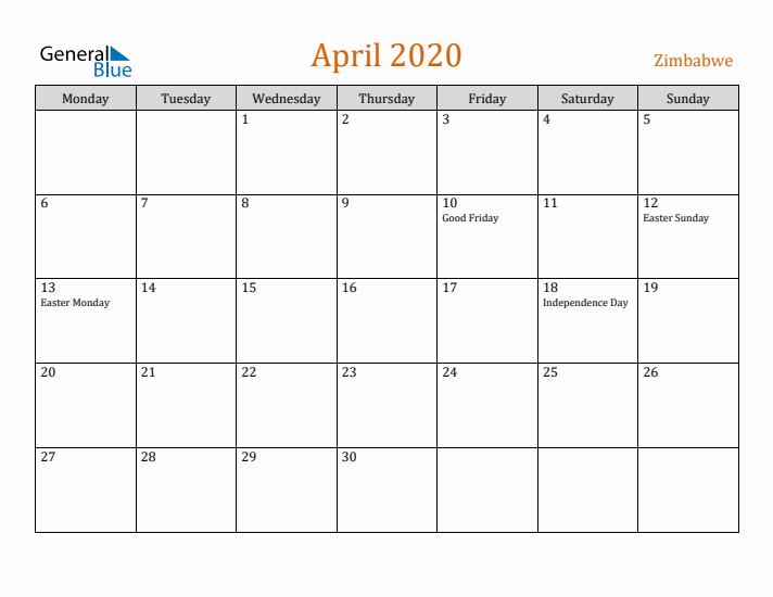 April 2020 Holiday Calendar with Monday Start