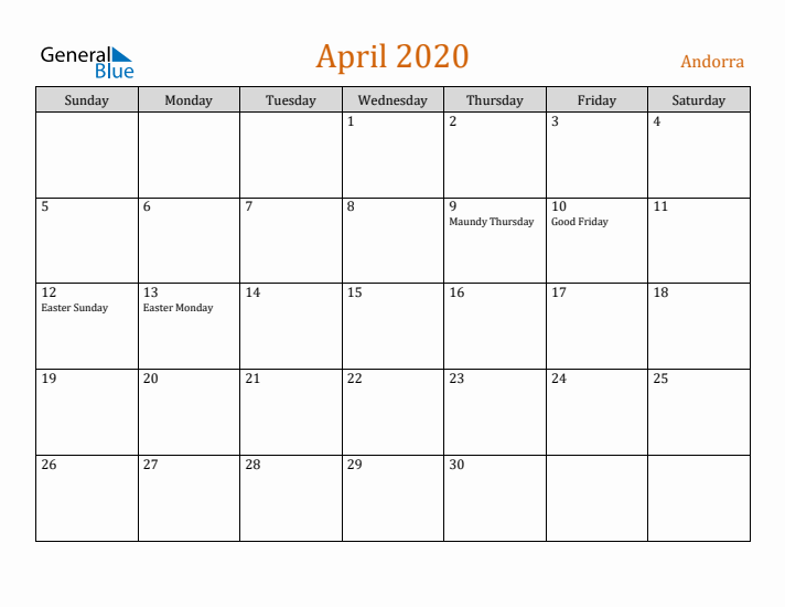 April 2020 Holiday Calendar with Sunday Start