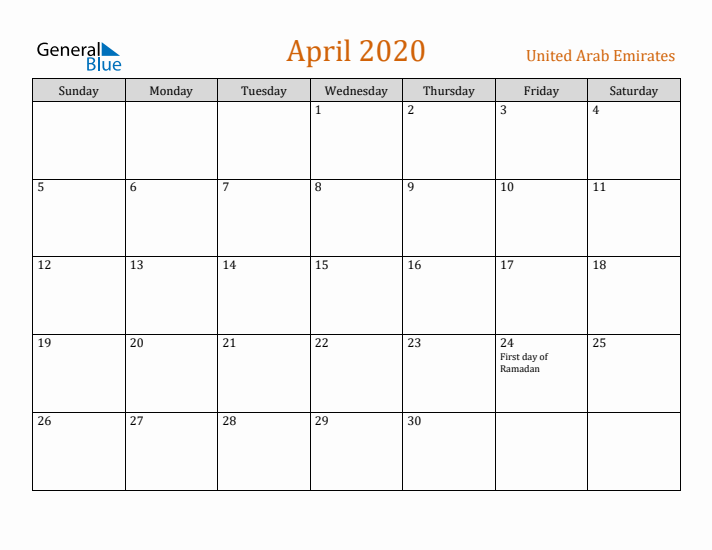 April 2020 Holiday Calendar with Sunday Start