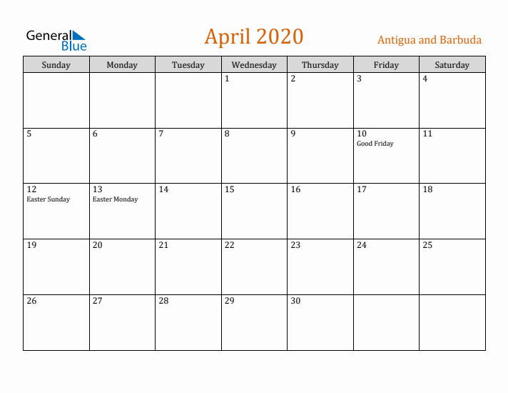 April 2020 Holiday Calendar with Sunday Start