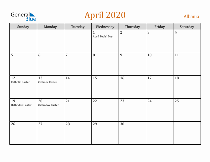 April 2020 Holiday Calendar with Sunday Start