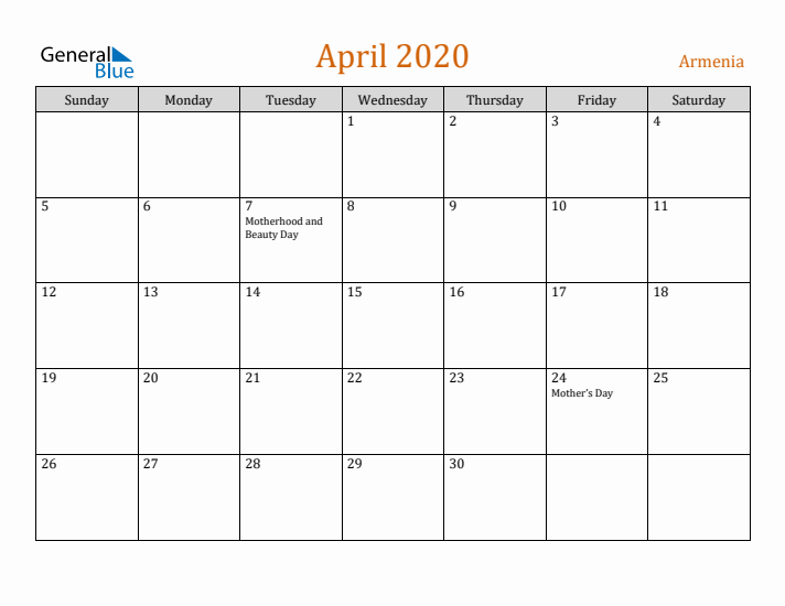 April 2020 Holiday Calendar with Sunday Start