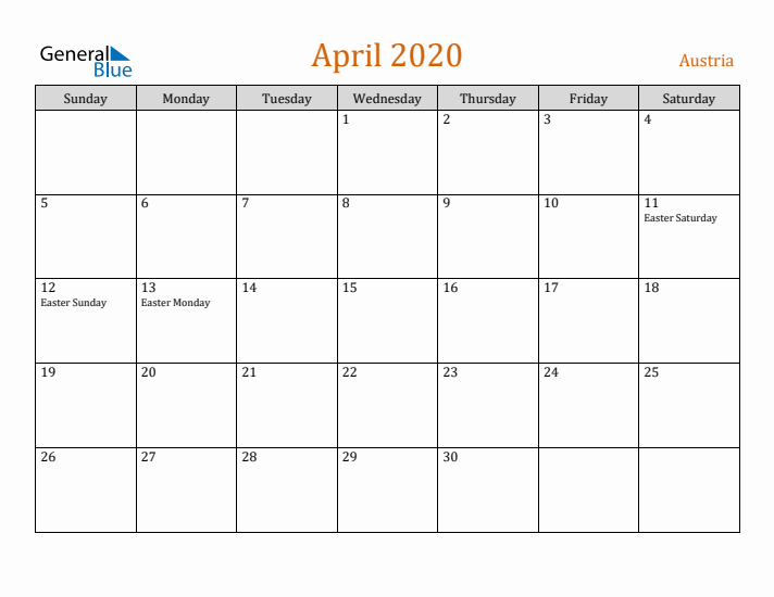 April 2020 Holiday Calendar with Sunday Start