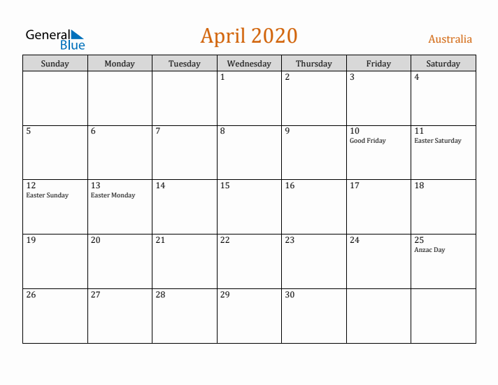 April 2020 Holiday Calendar with Sunday Start