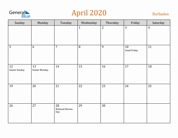 April 2020 Holiday Calendar with Sunday Start