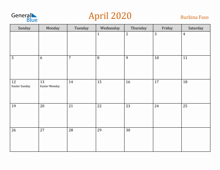 April 2020 Holiday Calendar with Sunday Start