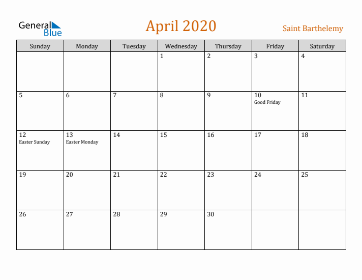 April 2020 Holiday Calendar with Sunday Start