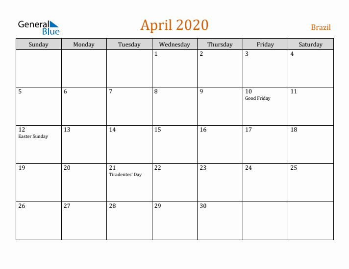 April 2020 Holiday Calendar with Sunday Start