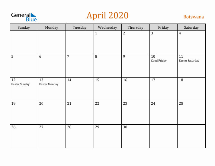 April 2020 Holiday Calendar with Sunday Start