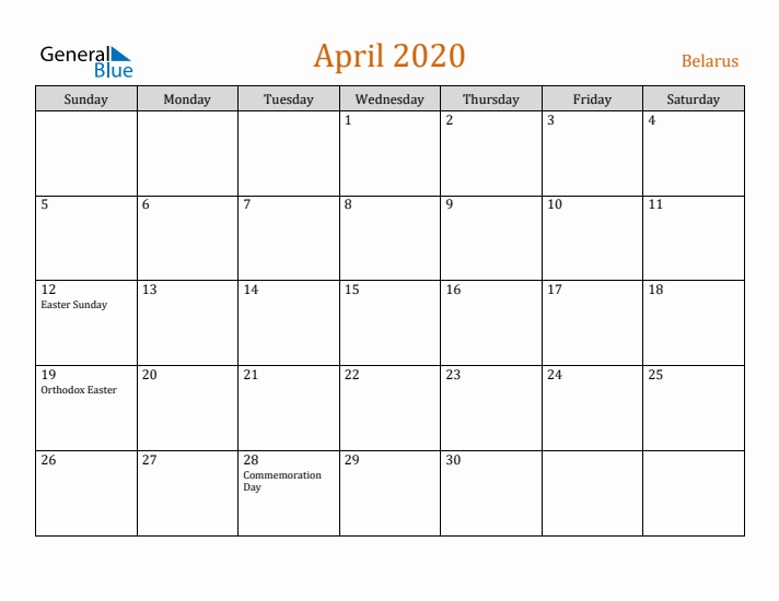 April 2020 Holiday Calendar with Sunday Start