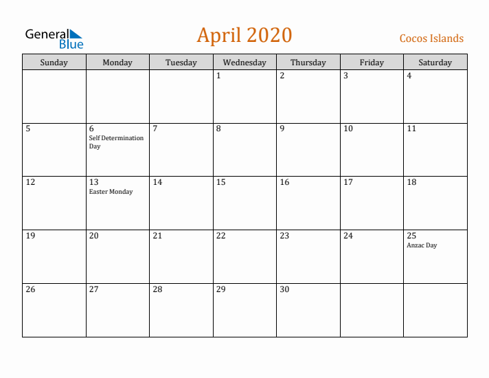 April 2020 Holiday Calendar with Sunday Start