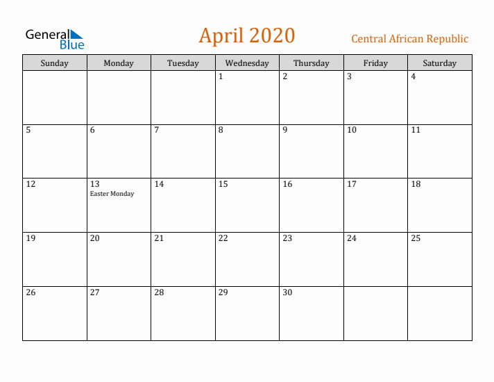 April 2020 Holiday Calendar with Sunday Start