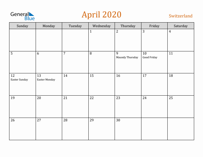 April 2020 Holiday Calendar with Sunday Start