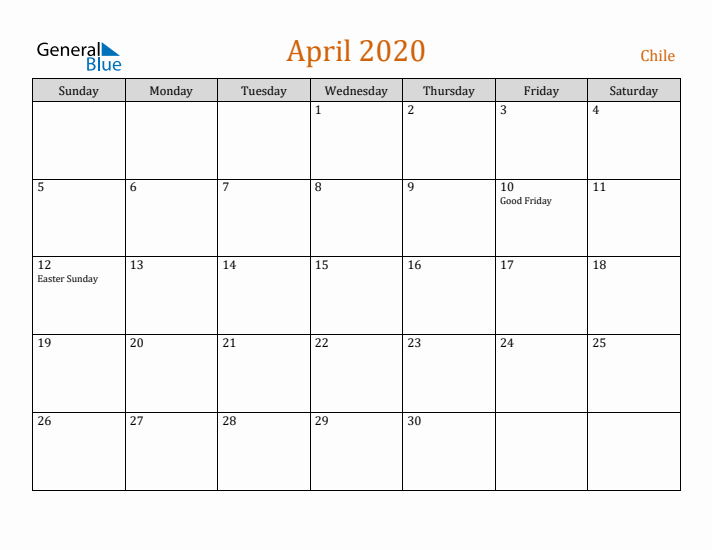 April 2020 Holiday Calendar with Sunday Start