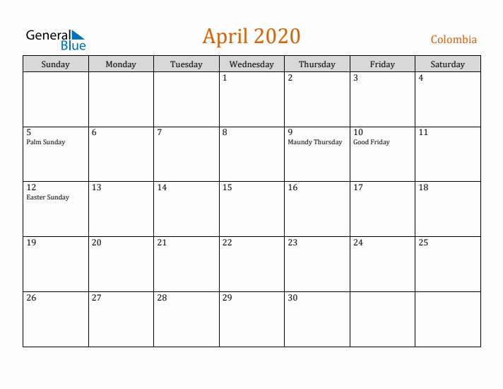 April 2020 Holiday Calendar with Sunday Start