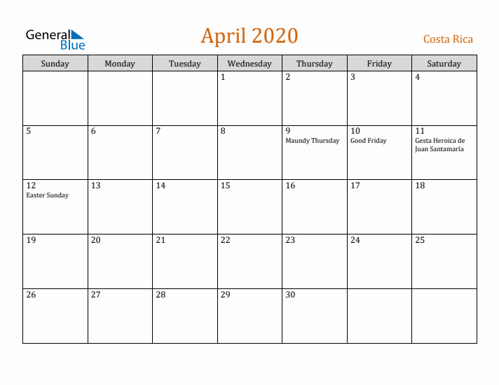 April 2020 Holiday Calendar with Sunday Start