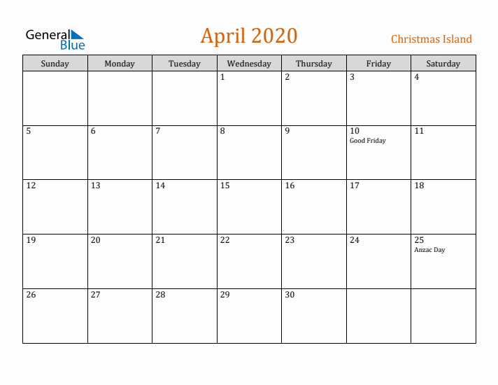 April 2020 Holiday Calendar with Sunday Start