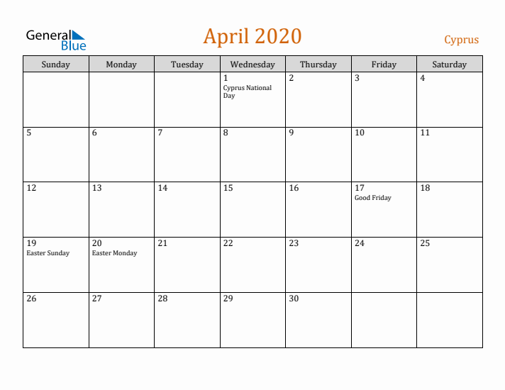 April 2020 Holiday Calendar with Sunday Start