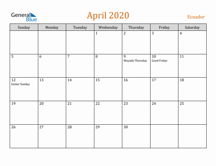 April 2020 Holiday Calendar with Sunday Start