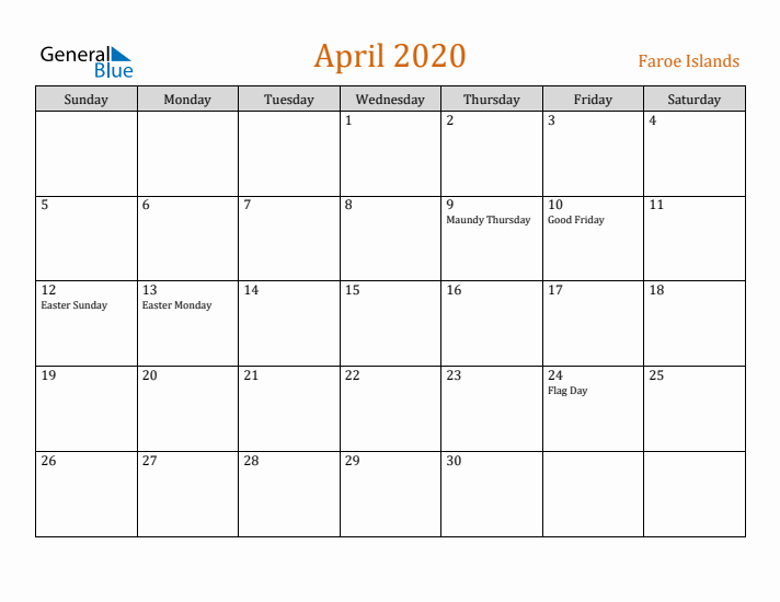 April 2020 Holiday Calendar with Sunday Start