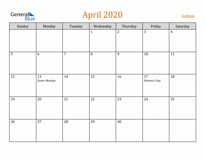 April 2020 Holiday Calendar with Sunday Start