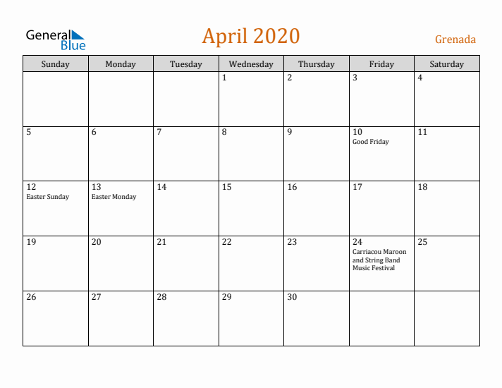 April 2020 Holiday Calendar with Sunday Start