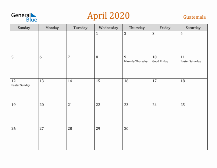 April 2020 Holiday Calendar with Sunday Start